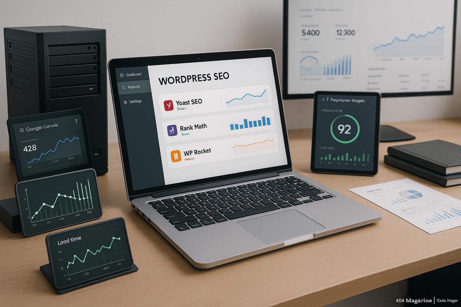 Aufgeschlagenes Laptop mit SEO-Dashboard, technische Komponenten, Diagramme und Analyse-Tools auf einem sauberen Arbeitsplatz, geeignet für professionelles WordPress SEO-Setup.