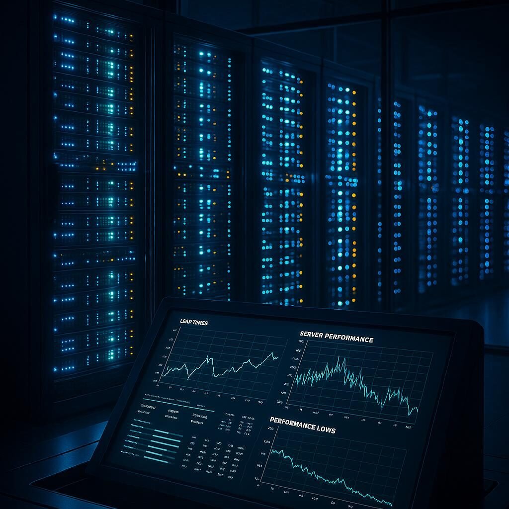 Futuristisches Rechenzentrum bei Nacht mit leuchtenden Serverracks, Bildschirm mit Performance-Diagrammen und Glasfassade, die die Serverräume zeigt