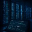 Futuristisches Rechenzentrum bei Nacht mit leuchtenden Serverracks, Bildschirm mit Performance-Diagrammen und Glasfassade, die die Serverräume zeigt