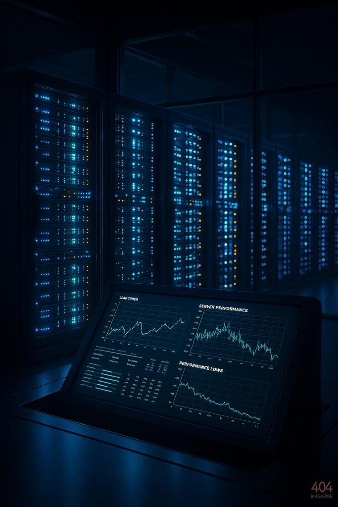 Futuristisches Rechenzentrum bei Nacht mit leuchtenden Serverracks, Bildschirm mit Performance-Diagrammen und Glasfassade, die die Serverräume zeigt