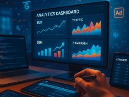 Nahaufnahme einer Hand mit Stylus oder Maus, die an einem großen Monitor mit Analytics, SEO- und SEM-Daten arbeitet, in einer High-Tech-Büroumgebung.