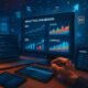 Nahaufnahme einer Hand mit Stylus oder Maus, die an einem großen Monitor mit Analytics, SEO- und SEM-Daten arbeitet, in einer High-Tech-Büroumgebung.