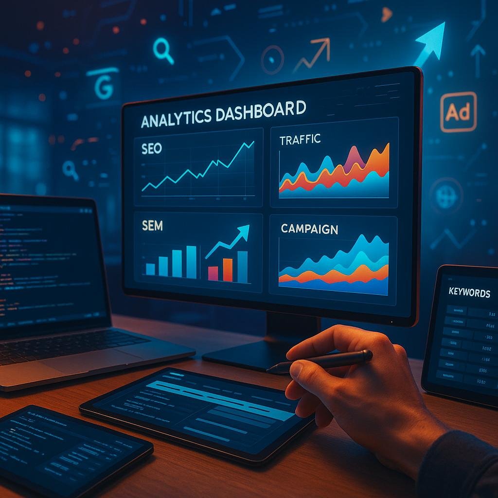 Nahaufnahme einer Hand mit Stylus oder Maus, die an einem großen Monitor mit Analytics, SEO- und SEM-Daten arbeitet, in einer High-Tech-Büroumgebung.