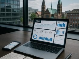 Moderne Büroumgebung mit Laptop, Smartphone, Notizbuch und Stadtblick in Bremen, zeigt technische Kompetenz und Produktivität