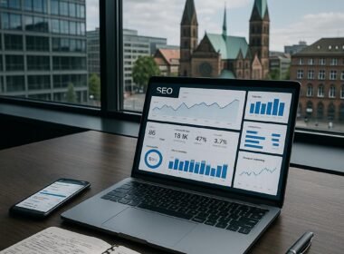 Moderne Büroumgebung mit Laptop, Smartphone, Notizbuch und Stadtblick in Bremen, zeigt technische Kompetenz und Produktivität