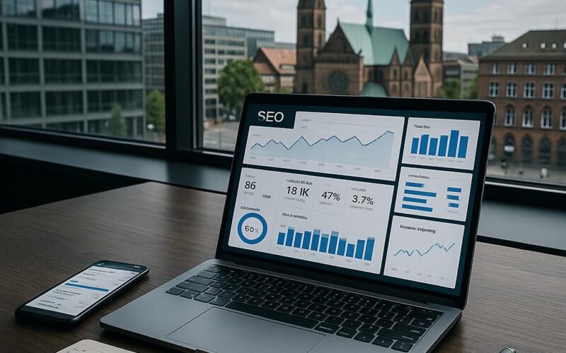 Moderne Büroumgebung mit Laptop, Smartphone, Notizbuch und Stadtblick in Bremen, zeigt technische Kompetenz und Produktivität