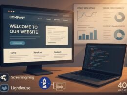Moderne, technisch hochentwickelte Firmenwebseite mit Entwickler am Code-Editor, Whiteboard mit Performance-Diagrammen und Tools wie Lighthouse im Vordergrund, symbolisiert Schnelligkeit, Sicherheit und technisches Know-how