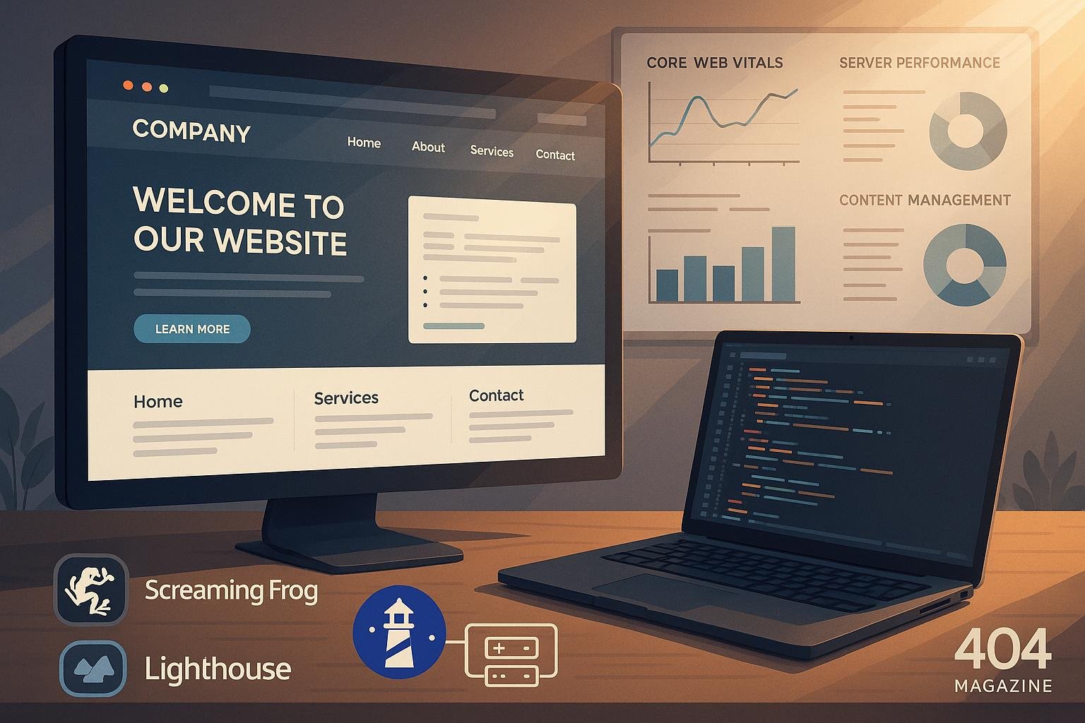 Moderne, technisch hochentwickelte Firmenwebseite mit Entwickler am Code-Editor, Whiteboard mit Performance-Diagrammen und Tools wie Lighthouse im Vordergrund, symbolisiert Schnelligkeit, Sicherheit und technisches Know-how