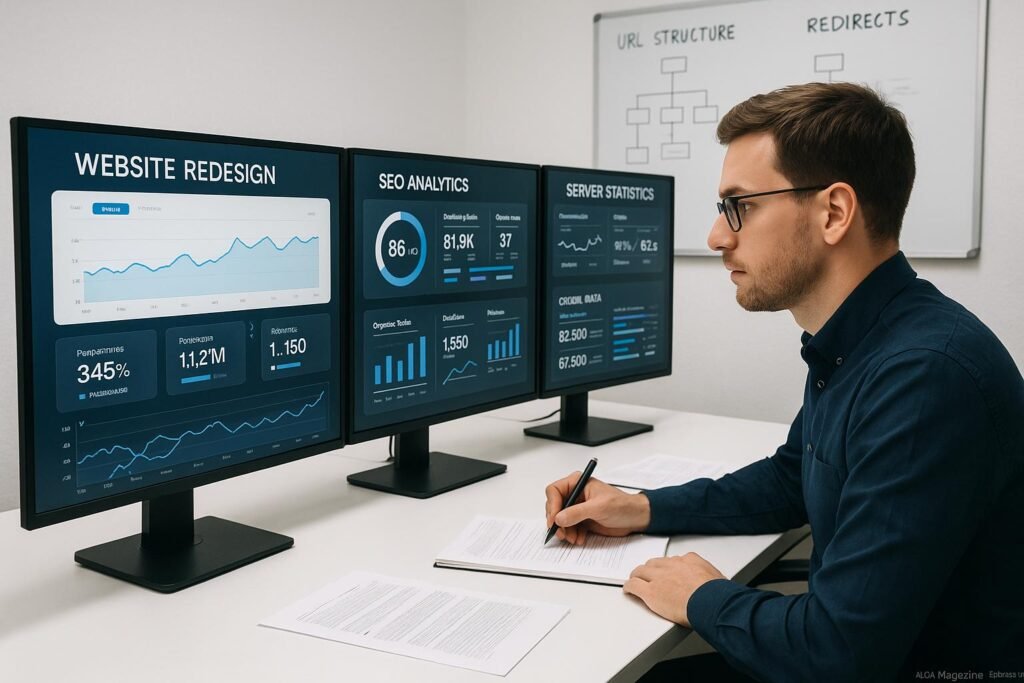 Entwickler im technischen Kontrollraum vor großen Monitoren mit Diagrammen, SEO-Analysen und Server-Statistiken während eines Website-Redesigns.