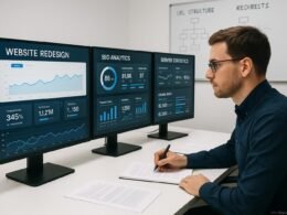 Entwickler im technischen Kontrollraum vor großen Monitoren mit Diagrammen, SEO-Analysen und Server-Statistiken während eines Website-Redesigns.