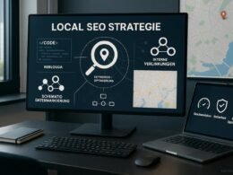 Modernes Büro mit großem Monitor, der eine lokale SEO-Strategie zeigt, umgeben von Code, Datenmarkierungen und einer Stadtkarte im Hintergrund.