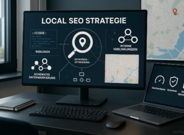 Modernes Büro mit großem Monitor, der eine lokale SEO-Strategie zeigt, umgeben von Code, Datenmarkierungen und einer Stadtkarte im Hintergrund.