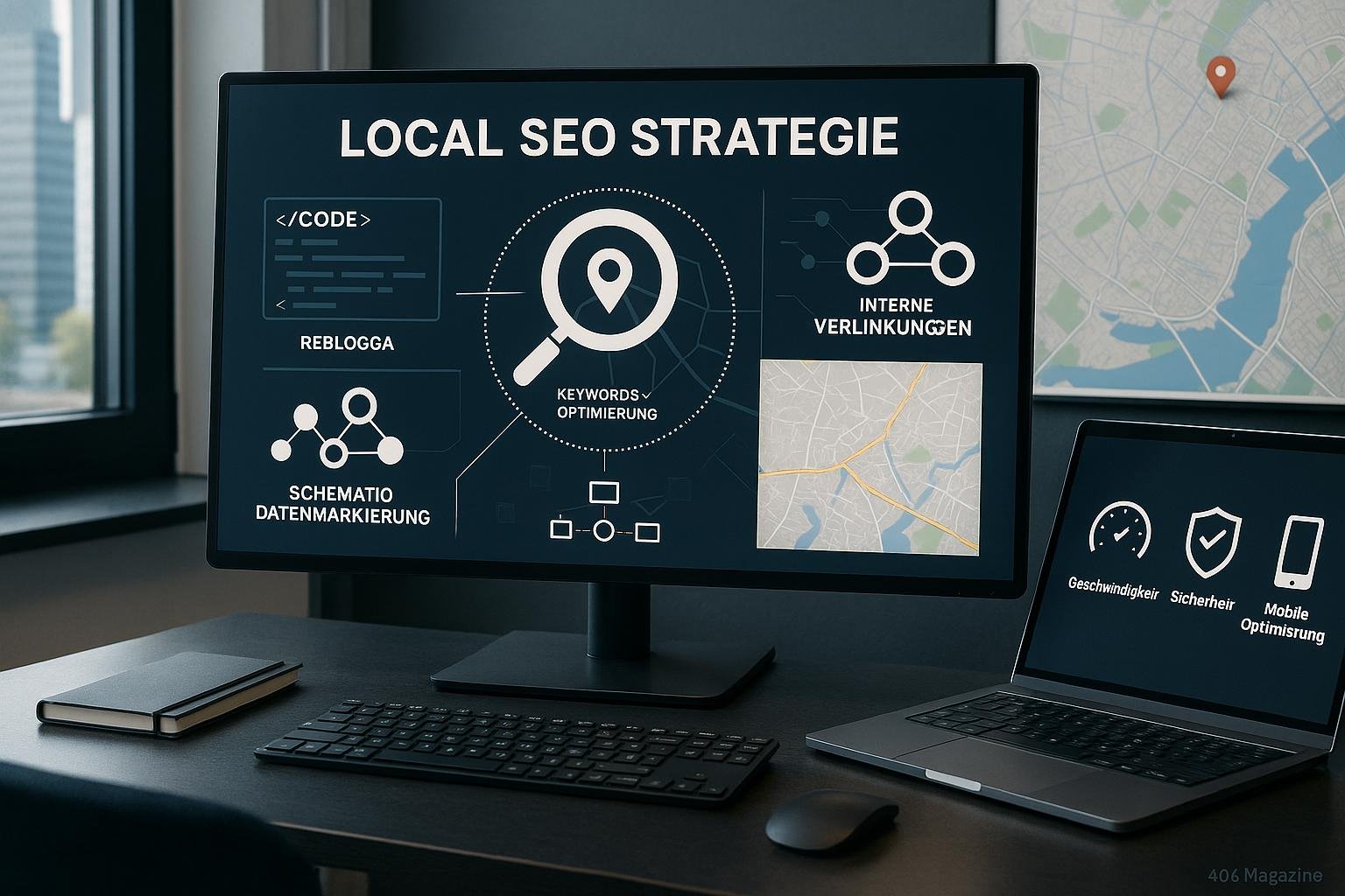 Modernes Büro mit großem Monitor, der eine lokale SEO-Strategie zeigt, umgeben von Code, Datenmarkierungen und einer Stadtkarte im Hintergrund.