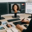 Person arbeitet an einem modernen Arbeitsplatz mit mehreren Monitoren, Kamera, Grafiktablett, Druckbildern, Smartphone und Notizbuch, umgeben von technischen Elementen zur Bild-SEO-Optimierung