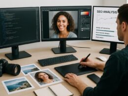Person arbeitet an einem modernen Arbeitsplatz mit mehreren Monitoren, Kamera, Grafiktablett, Druckbildern, Smartphone und Notizbuch, umgeben von technischen Elementen zur Bild-SEO-Optimierung