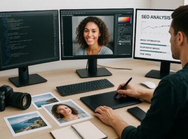 Person arbeitet an einem modernen Arbeitsplatz mit mehreren Monitoren, Kamera, Grafiktablett, Druckbildern, Smartphone und Notizbuch, umgeben von technischen Elementen zur Bild-SEO-Optimierung
