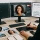 Person arbeitet an einem modernen Arbeitsplatz mit mehreren Monitoren, Kamera, Grafiktablett, Druckbildern, Smartphone und Notizbuch, umgeben von technischen Elementen zur Bild-SEO-Optimierung
