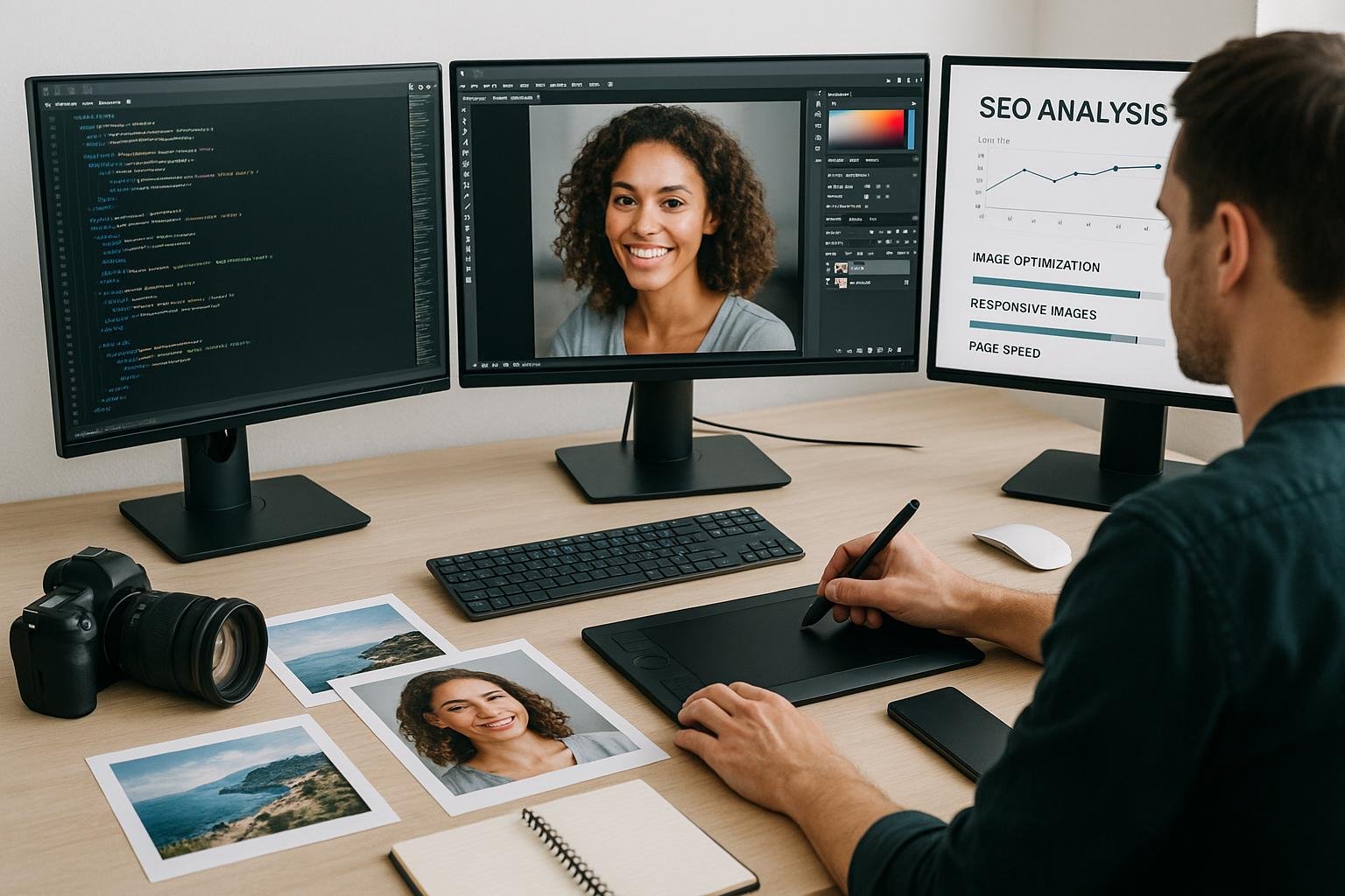 Person arbeitet an einem modernen Arbeitsplatz mit mehreren Monitoren, Kamera, Grafiktablett, Druckbildern, Smartphone und Notizbuch, umgeben von technischen Elementen zur Bild-SEO-Optimierung