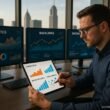 Ein professioneller Digital Marketing Strategist arbeitet an einem modernen Schreibtisch mit Bildschirmen, die Analysen und Social Media Engagement zeigen, vor einer Stadt skyline, während er Daten auf einem Tablet prüft.