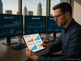 Ein professioneller Digital Marketing Strategist arbeitet an einem modernen Schreibtisch mit Bildschirmen, die Analysen und Social Media Engagement zeigen, vor einer Stadt skyline, während er Daten auf einem Tablet prüft.