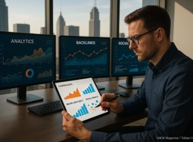 Ein professioneller Digital Marketing Strategist arbeitet an einem modernen Schreibtisch mit Bildschirmen, die Analysen und Social Media Engagement zeigen, vor einer Stadt skyline, während er Daten auf einem Tablet prüft.