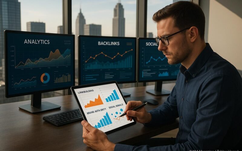 Ein professioneller Digital Marketing Strategist arbeitet an einem modernen Schreibtisch mit Bildschirmen, die Analysen und Social Media Engagement zeigen, vor einer Stadt skyline, während er Daten auf einem Tablet prüft.