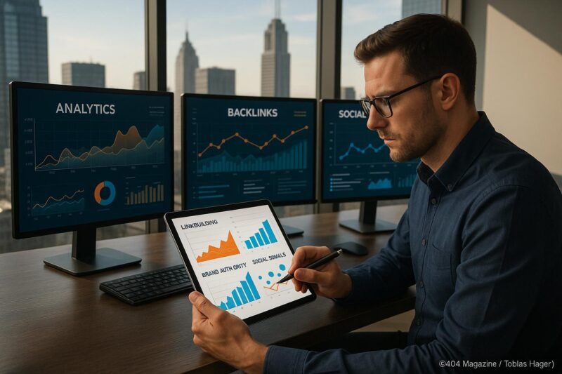 Ein professioneller Digital Marketing Strategist arbeitet an einem modernen Schreibtisch mit Bildschirmen, die Analysen und Social Media Engagement zeigen, vor einer Stadt skyline, während er Daten auf einem Tablet prüft.