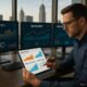 Ein professioneller Digital Marketing Strategist arbeitet an einem modernen Schreibtisch mit Bildschirmen, die Analysen und Social Media Engagement zeigen, vor einer Stadt skyline, während er Daten auf einem Tablet prüft.