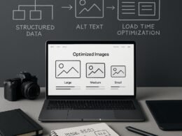 Moderner Arbeitsplatz mit Laptop, Kamera, Grafiktablett und Notizbuch, im Hintergrund schematische Diagramme zu SEO-Strategien, sauber und professionell gestaltet.