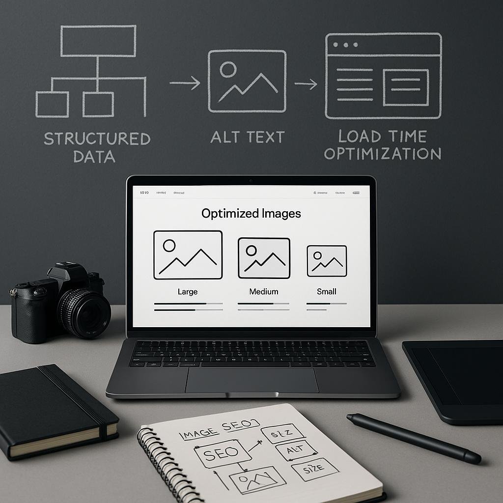 Moderner Arbeitsplatz mit Laptop, Kamera, Grafiktablett und Notizbuch, im Hintergrund schematische Diagramme zu SEO-Strategien, sauber und professionell gestaltet.