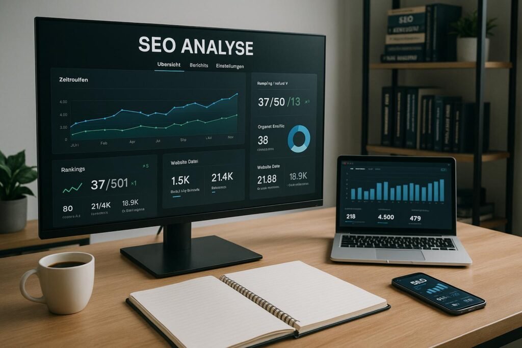 Digitales Arbeitsumfeld mit großem Bildschirm, Laptop, Notizblöcken, Kaffeetasse und Smartphone in einem modernen Büro, im Hintergrund Regale mit Fachbüchern zum Thema SEO und digitales Marketing.