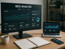 Digitales Arbeitsumfeld mit großem Bildschirm, Laptop, Notizblöcken, Kaffeetasse und Smartphone in einem modernen Büro, im Hintergrund Regale mit Fachbüchern zum Thema SEO und digitales Marketing.