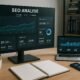 Digitales Arbeitsumfeld mit großem Bildschirm, Laptop, Notizblöcken, Kaffeetasse und Smartphone in einem modernen Büro, im Hintergrund Regale mit Fachbüchern zum Thema SEO und digitales Marketing.