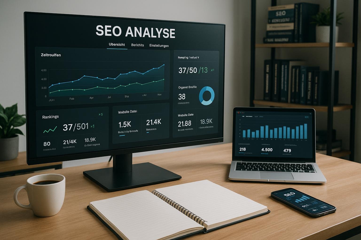 Digitales Arbeitsumfeld mit großem Bildschirm, Laptop, Notizblöcken, Kaffeetasse und Smartphone in einem modernen Büro, im Hintergrund Regale mit Fachbüchern zum Thema SEO und digitales Marketing.