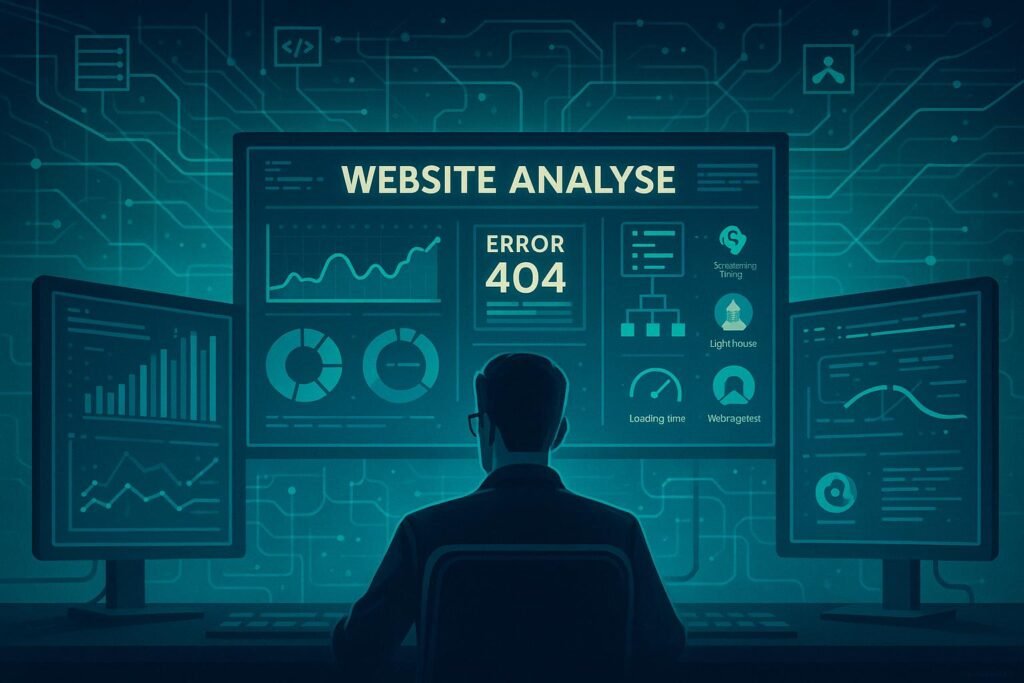 Ein Analyst vor mehreren großen Monitoren mit Grafiken, Diagrammen und Tool-Icons, verbunden durch leuchtende Linien in einem futuristischen, technischen Design.