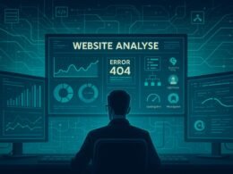 Ein Analyst vor mehreren großen Monitoren mit Grafiken, Diagrammen und Tool-Icons, verbunden durch leuchtende Linien in einem futuristischen, technischen Design.