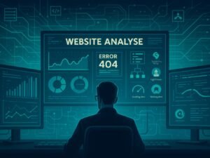 Ein Analyst vor mehreren großen Monitoren mit Grafiken, Diagrammen und Tool-Icons, verbunden durch leuchtende Linien in einem futuristischen, technischen Design.