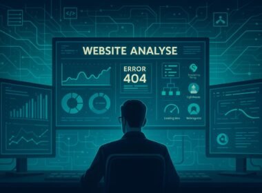 Ein Analyst vor mehreren großen Monitoren mit Grafiken, Diagrammen und Tool-Icons, verbunden durch leuchtende Linien in einem futuristischen, technischen Design.
