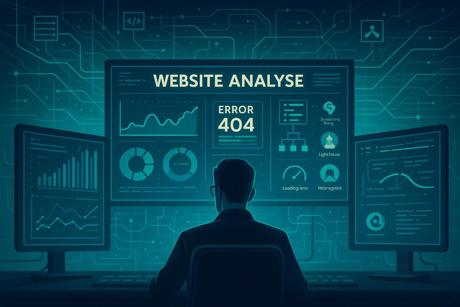 Ein Analyst vor mehreren großen Monitoren mit Grafiken, Diagrammen und Tool-Icons, verbunden durch leuchtende Linien in einem futuristischen, technischen Design.