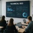 Professioneller moderner Seminarraum mit Präsentationsschirm, Teilnehmern mit Laptops und Whiteboards für technischen SEO-Workshop