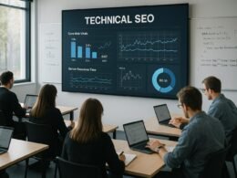Professioneller moderner Seminarraum mit Präsentationsschirm, Teilnehmern mit Laptops und Whiteboards für technischen SEO-Workshop