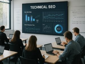 Professioneller moderner Seminarraum mit Präsentationsschirm, Teilnehmern mit Laptops und Whiteboards für technischen SEO-Workshop