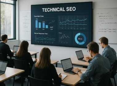 Professioneller moderner Seminarraum mit Präsentationsschirm, Teilnehmern mit Laptops und Whiteboards für technischen SEO-Workshop