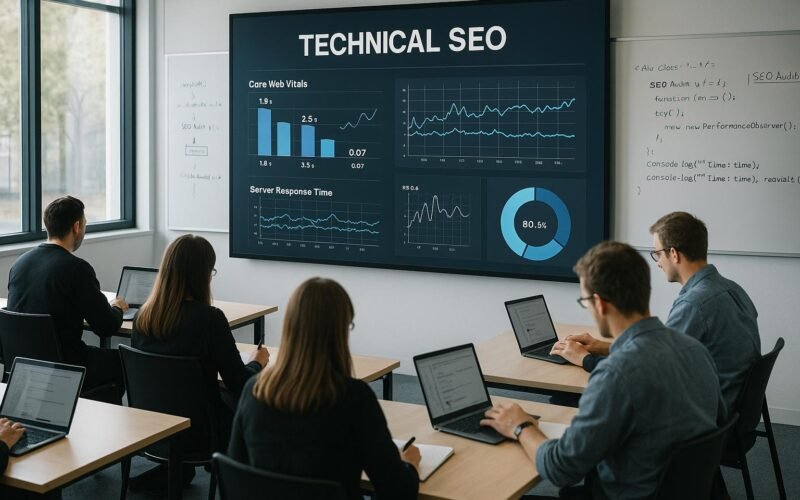 Professioneller moderner Seminarraum mit Präsentationsschirm, Teilnehmern mit Laptops und Whiteboards für technischen SEO-Workshop