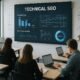 Professioneller moderner Seminarraum mit Präsentationsschirm, Teilnehmern mit Laptops und Whiteboards für technischen SEO-Workshop