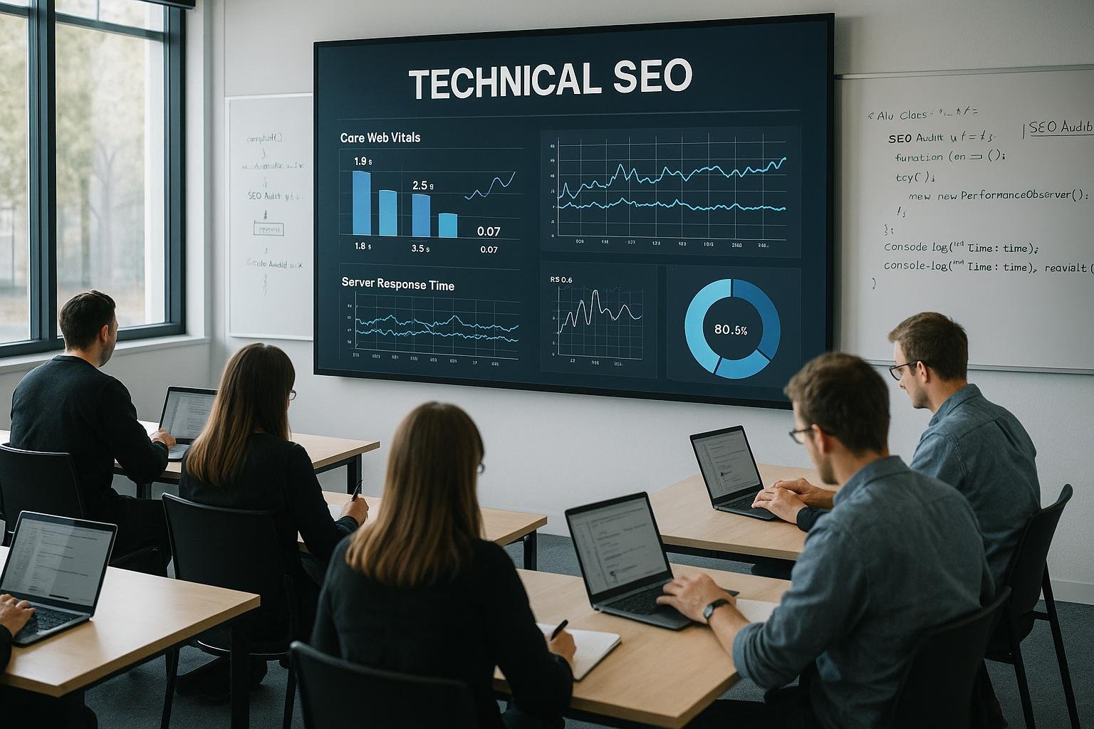 Professioneller moderner Seminarraum mit Präsentationsschirm, Teilnehmern mit Laptops und Whiteboards für technischen SEO-Workshop