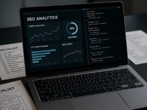 Nahaufnahme eines modernen Laptops mit SEO-Analyse-Dashboards, Diagrammen und Codeseiten, umgeben von Checklisten und technischen Schaltplänen auf einem Schreibtisch