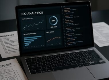 Nahaufnahme eines modernen Laptops mit SEO-Analyse-Dashboards, Diagrammen und Codeseiten, umgeben von Checklisten und technischen Schaltplänen auf einem Schreibtisch