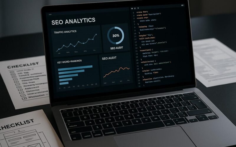 Nahaufnahme eines modernen Laptops mit SEO-Analyse-Dashboards, Diagrammen und Codeseiten, umgeben von Checklisten und technischen Schaltplänen auf einem Schreibtisch