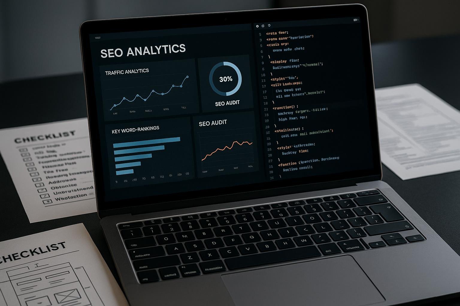 Nahaufnahme eines modernen Laptops mit SEO-Analyse-Dashboards, Diagrammen und Codeseiten, umgeben von Checklisten und technischen Schaltplänen auf einem Schreibtisch